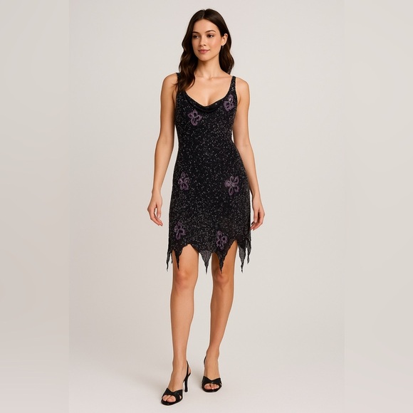 Vintage Black Gothic Y2K Butterfly Sequin Beaded 100% Silk Dress No Sz TAG - Picture 1 of 14